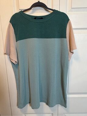 Dokotoo 2XL Ribbed Color Block Short Sleeve Top Green Blue Pink